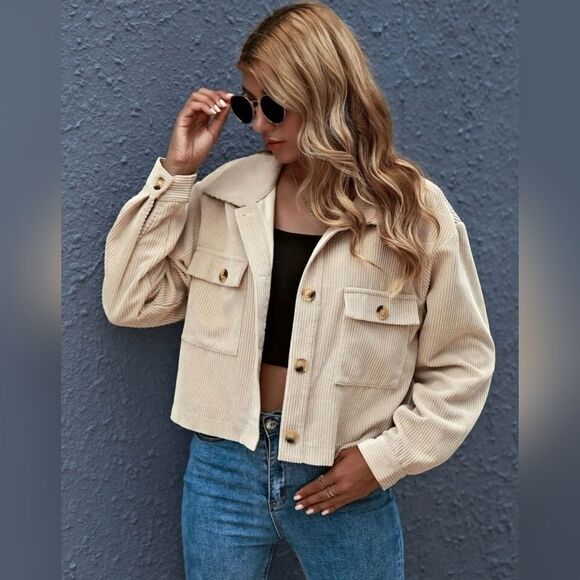 Plain Button Front Crop Jacket - Picture 1 of 4